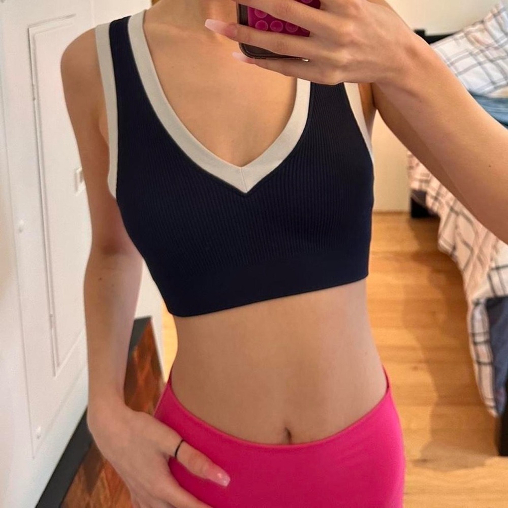 Navy and White V-Neck Crop Top
